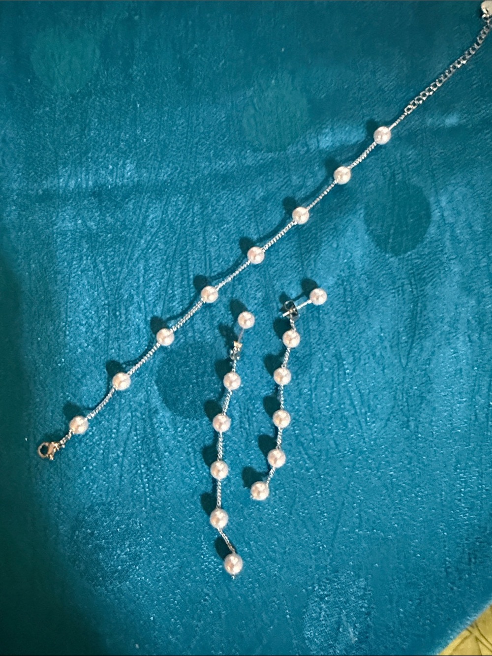 Elegant Silver Pearl Station Necklace and Earrings Set - White Pearls